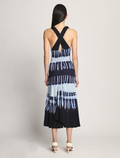Back full length image of model wearing Viscose Knit Tie Dye Dress in BLUE MULTI