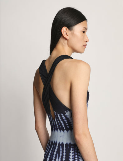 Detail image of model wearing Viscose Knit Tie Dye Dress in BLUE MULTI