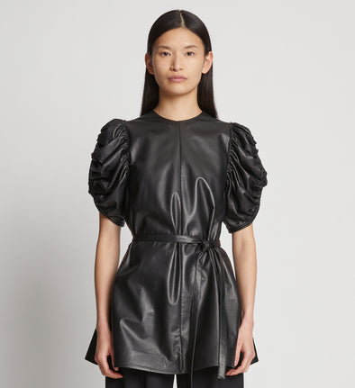 Front cropped image of model wearing Leather Belted Top in BLACK