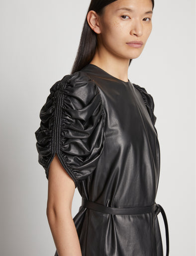 Detail image of model wearing Leather Belted Top in BLACK