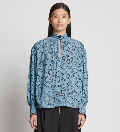 Front cropped image of model wearing Printed Crepe De Chine Top in BLUE MULTI