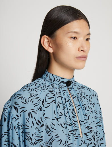Detail image of model wearing Printed Crepe De Chine Top in BLUE MULTI