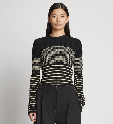 Front cropped image of model wearing Boucle Mini Stripe Sweater in BLACK MULTI
