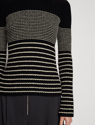 Detail image of model wearing Boucle Mini Stripe Sweater in BLACK MULTI