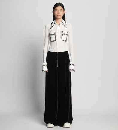 Front full length image of model wearing Silk Viscose Velvet Trouser in BLACK