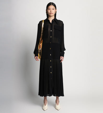 Front full length image of model wearing Sheer Pleated Flou Dress in BLACK
