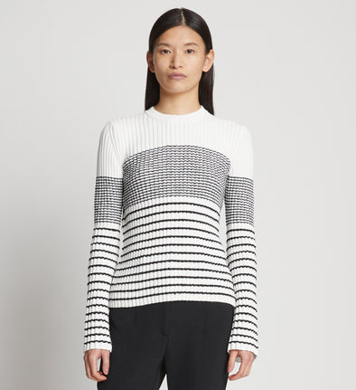 Front cropped image of model wearing Boucle Mini Stripe Sweater in OFF WHITE MULTI