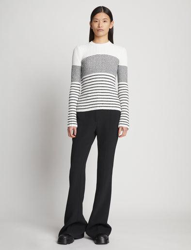 Front full length image of model wearing Boucle Mini Stripe Sweater in OFF WHITE MULTI