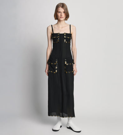 Front full length image of model wearing Embroidered Stone Chiffon Dress in BLACK MULTI