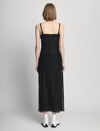 Back full length image of model wearing Embroidered Stone Chiffon Dress in BLACK MULTI