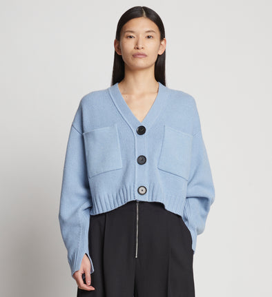 Front cropped image of model wearing Eco Cashmere Cardigan in LIGHT BLUE