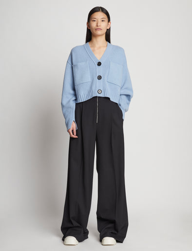 Front full length image of model wearing Eco Cashmere Cardigan in LIGHT BLUE