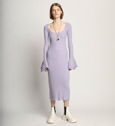 Front full length image of model wearing Fluted Rib Knit Dress in LAVENDER