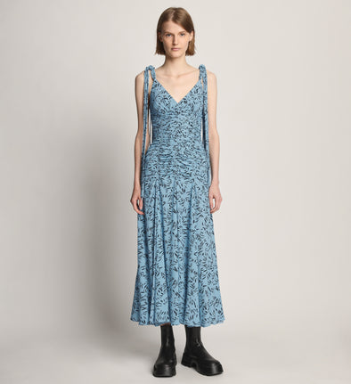 Front full length image of model wearing Printed Crepe De Chine Tank Dress in BLUE MULTI