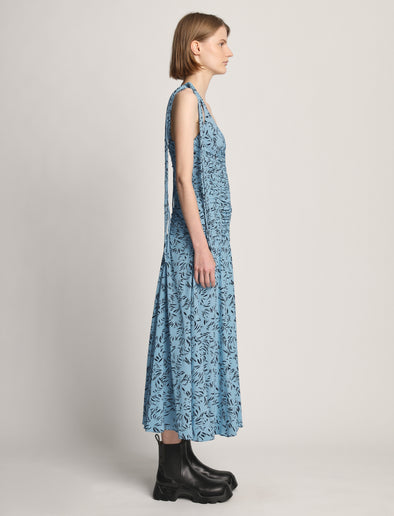Side full length image of model wearing Printed Crepe De Chine Tank Dress in BLUE MULTI