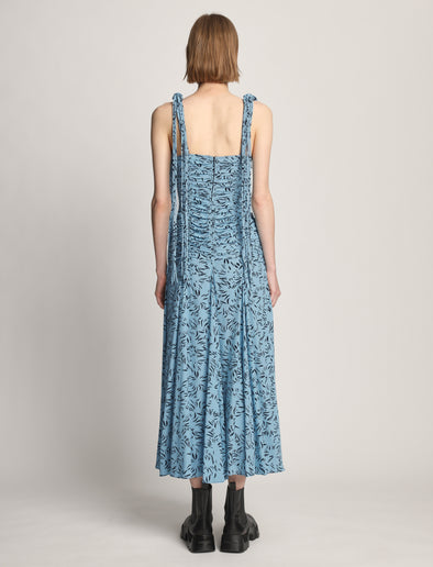 Back full length image of model wearing Printed Crepe De Chine Tank Dress in BLUE MULTI