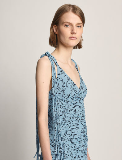 Detail image of model wearing Printed Crepe De Chine Tank Dress in BLUE MULTI