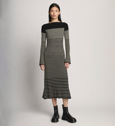 Front full length image of model wearing Boucle Mini Stripe Knit Dress in BLACK MULTI