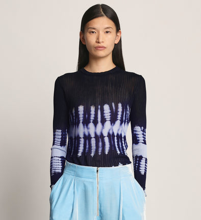 Front cropped image of model wearing Viscose Knit Tie Dye Top in BLUE MULTI