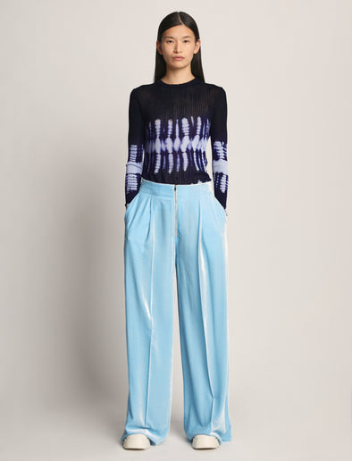 Front full length image of model wearing Viscose Knit Tie Dye Top in BLUE MULTI