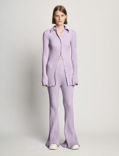 Front full length image of model wearing Velvet Rib Knit Shirt in LIGHT LAVENDER