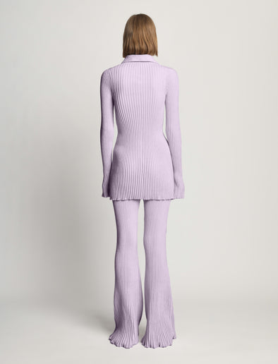 Back full length image of model wearing Velvet Rib Knit Shirt in LIGHT LAVENDER