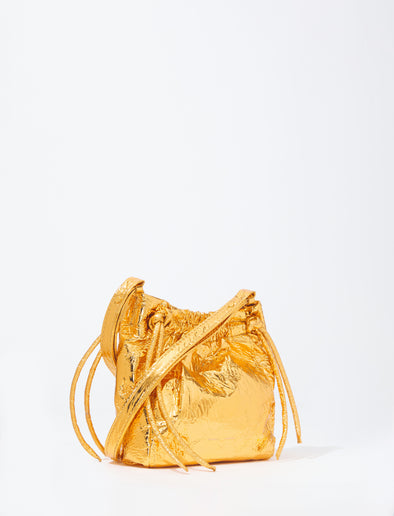 Side image of Metallic Drawstring Pouch in GOLD