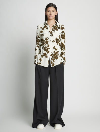 Front full length image of model wearing Floral Garment Printed Shirt in ECRU MULTI