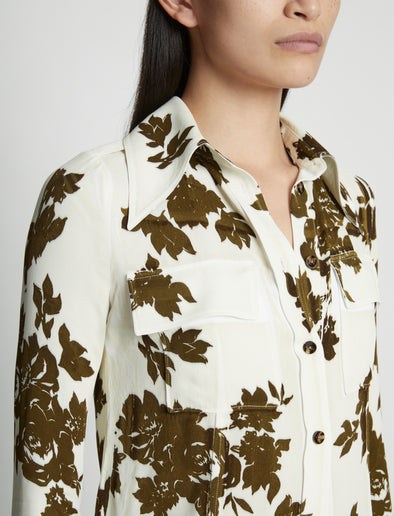 Detail image of model wearing Floral Garment Printed Shirt in ECRU MULTI