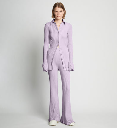 Front full length image of model wearing Velvet Rib Knit Pants in LIGHT LAVENDER