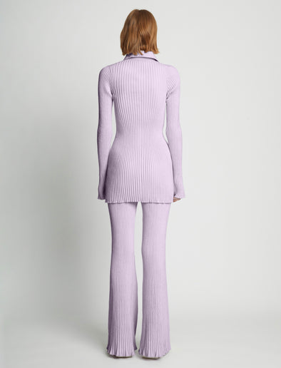Back full length image of model wearing Velvet Rib Knit Pants in LIGHT LAVENDER