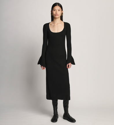Front image of model wearing Fluted Rib Knit Dress in black