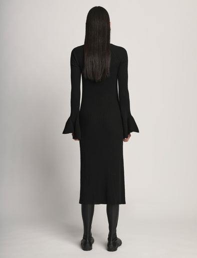Back image of model wearing Fluted Rib Knit Dress in black