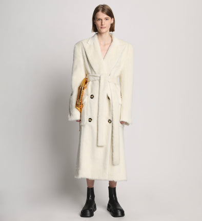Front image of model wearing Brushed Alpaca Coat in ecru