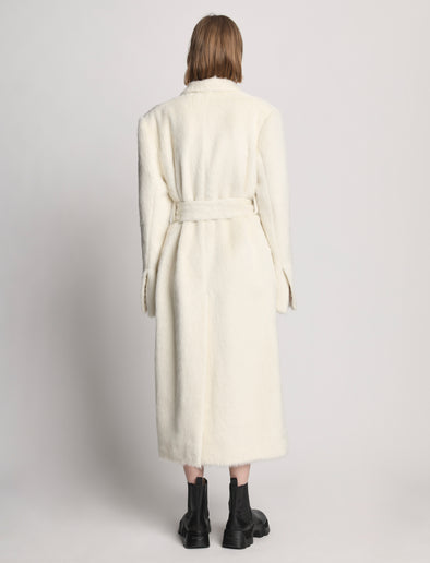 Back image of model wearing Brushed Alpaca Coat in ecru