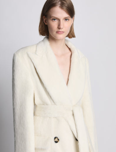 Detail image of model wearing Brushed Alpaca Coat in ecru