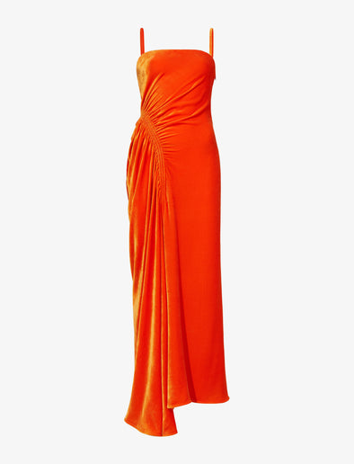 Still Life image of Silk Viscose Velvet Gathered Dress in ORANGE