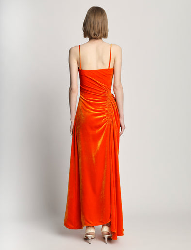 Back full length image of model wearing Silk Viscose Velvet Gathered Dress in ORANGE