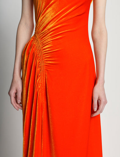 Detail image of model wearing Silk Viscose Velvet Gathered Dress in ORANGE