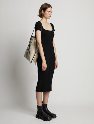 Image of model wearing Twin Stripe Canvas Tote in NATURAL/BLACK