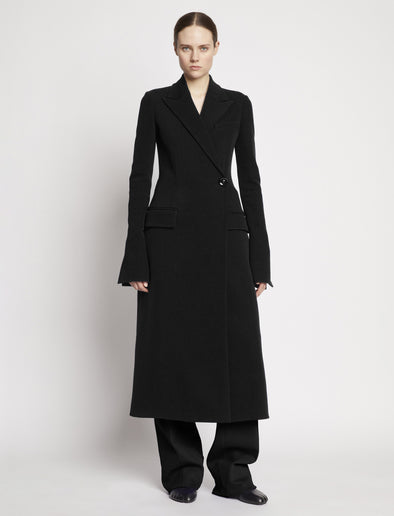 Proenza Schouler front image of model wearing Bi-Stretch Crepe Wrap Coat in black