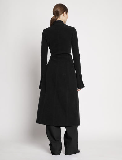 Proenza Schouler back image of model wearing Bi-Stretch Crepe Wrap Coat in black