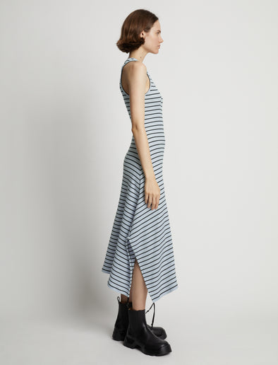 Side image of model wearing Stripe Rib Sleeveless Dress in sky blue/black