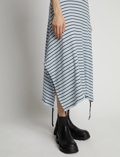 Detail image of model wearing Stripe Rib Sleeveless Dress in sky blue/black