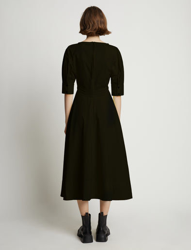 Back image of model wearing Poplin V-Neck Puff Sleeve Dress in black