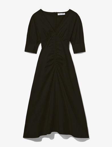 Flat image of Poplin V-Neck Puff Sleeve Dress in black