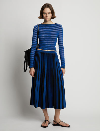 Front image of model wearing Sheer Stripe Knit Skirt in cerulean/black