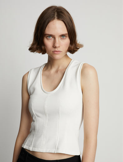 Detail image of model wearing Sweatshirt Tank Top in off white