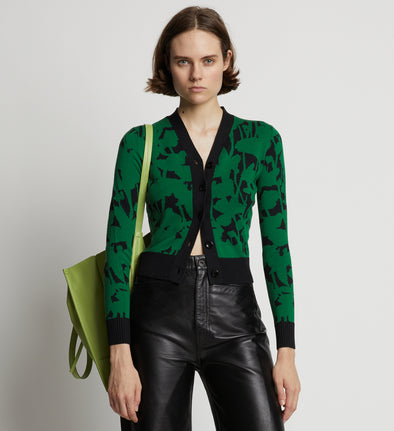 Cropped front image of model wearing Knit Floral Cardigan in green/black