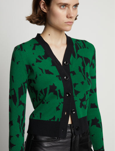 Detail image of model wearing Knit Floral Cardigan in green/black